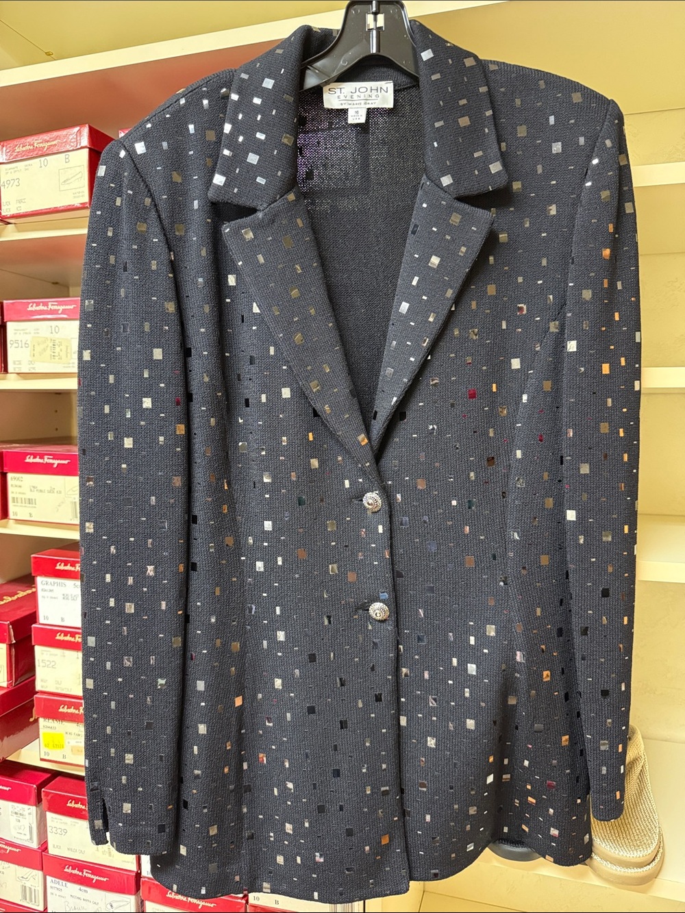 St. John Evening Black button-Front knit blazer with reflective sequin detailing